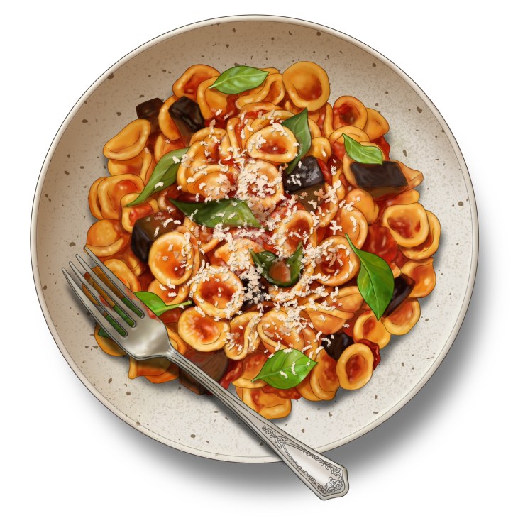 Bowl of orecchiette pasta with diced aubergine, cherry tomatoes, fresh basil leaves and grated cheese