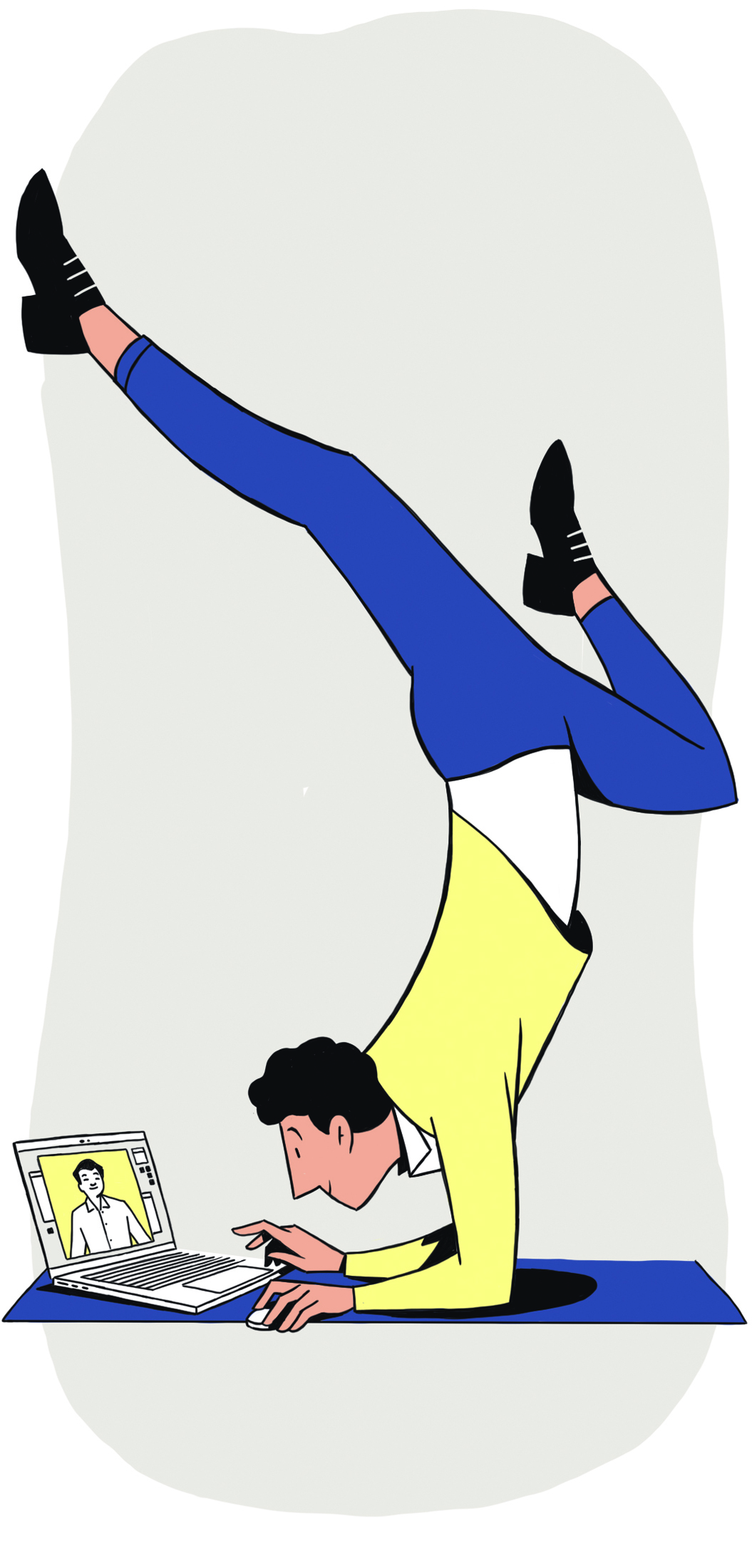 Illustration of a person in a yellow jacket and blue pants doing a handstand while using a laptop.