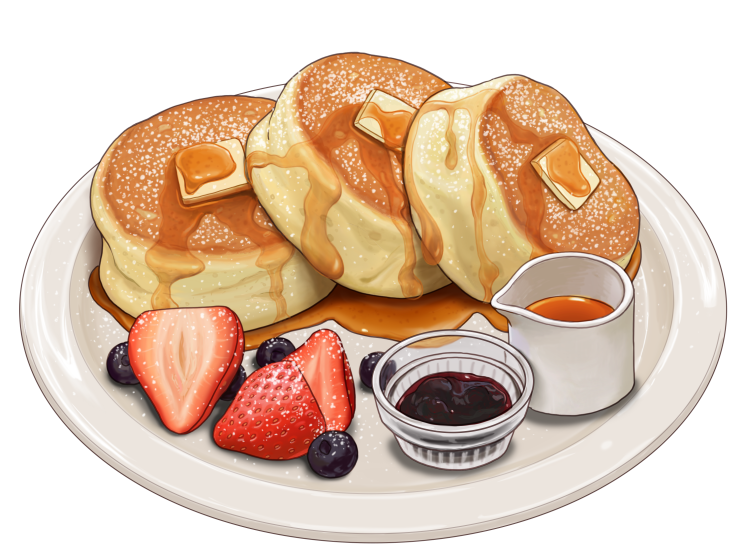 Stack of golden, fluffy pancakes dusted with powdered sugar