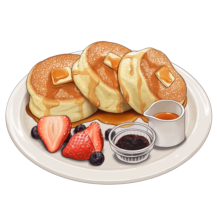 Stack of golden, fluffy pancakes dusted with powdered sugar