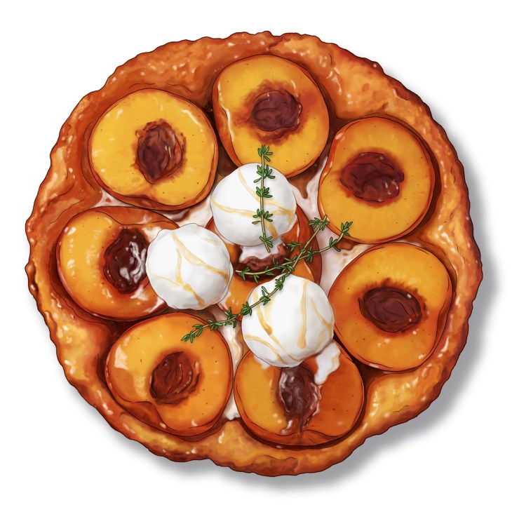 Illustrated peach tarte tatin with halved peaches arranged in pastry crust, garnished with thyme and cream dollops