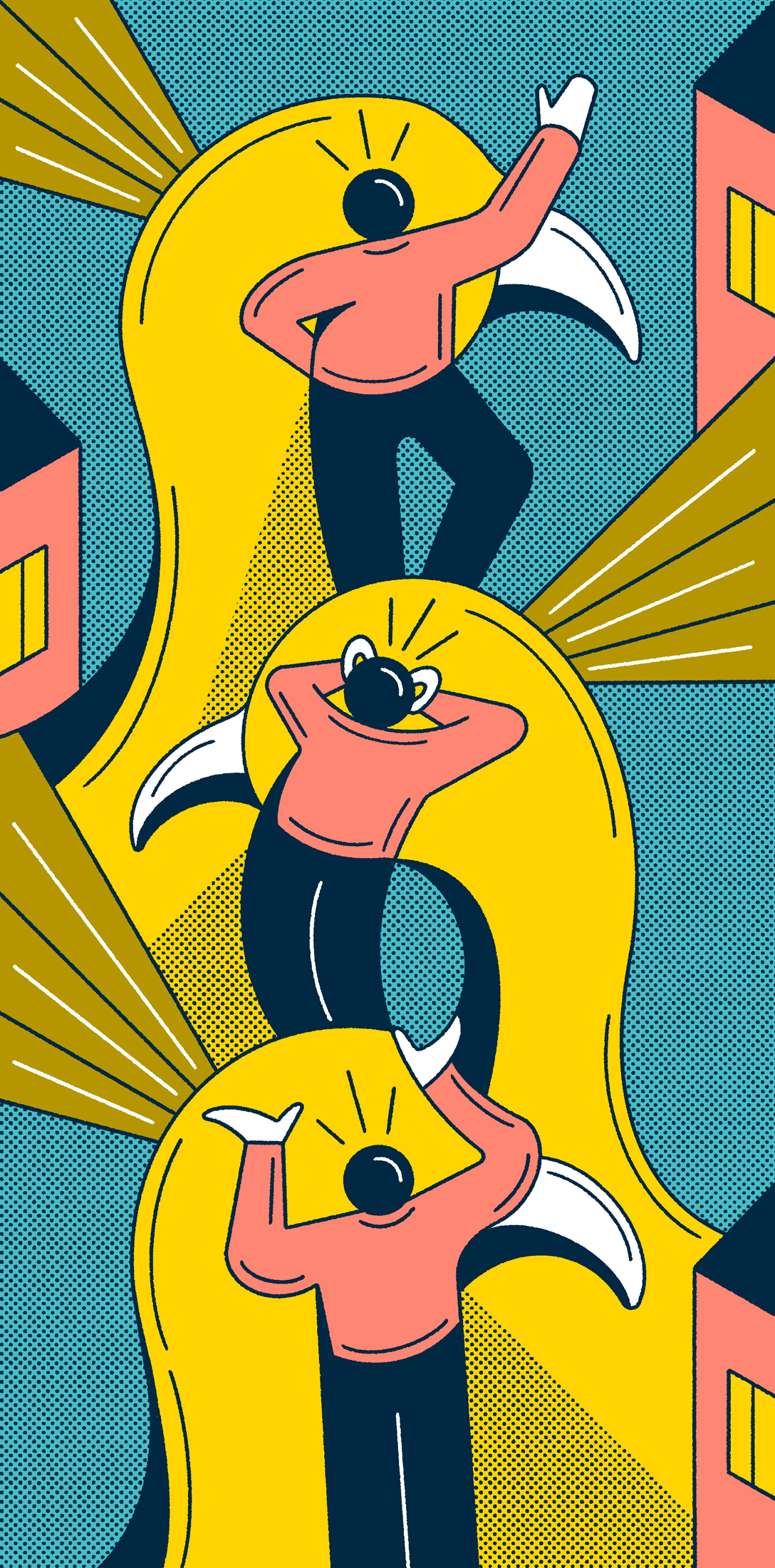 Three illustrated figures celebrating with raised arms in yellow and coral colors in pop art style