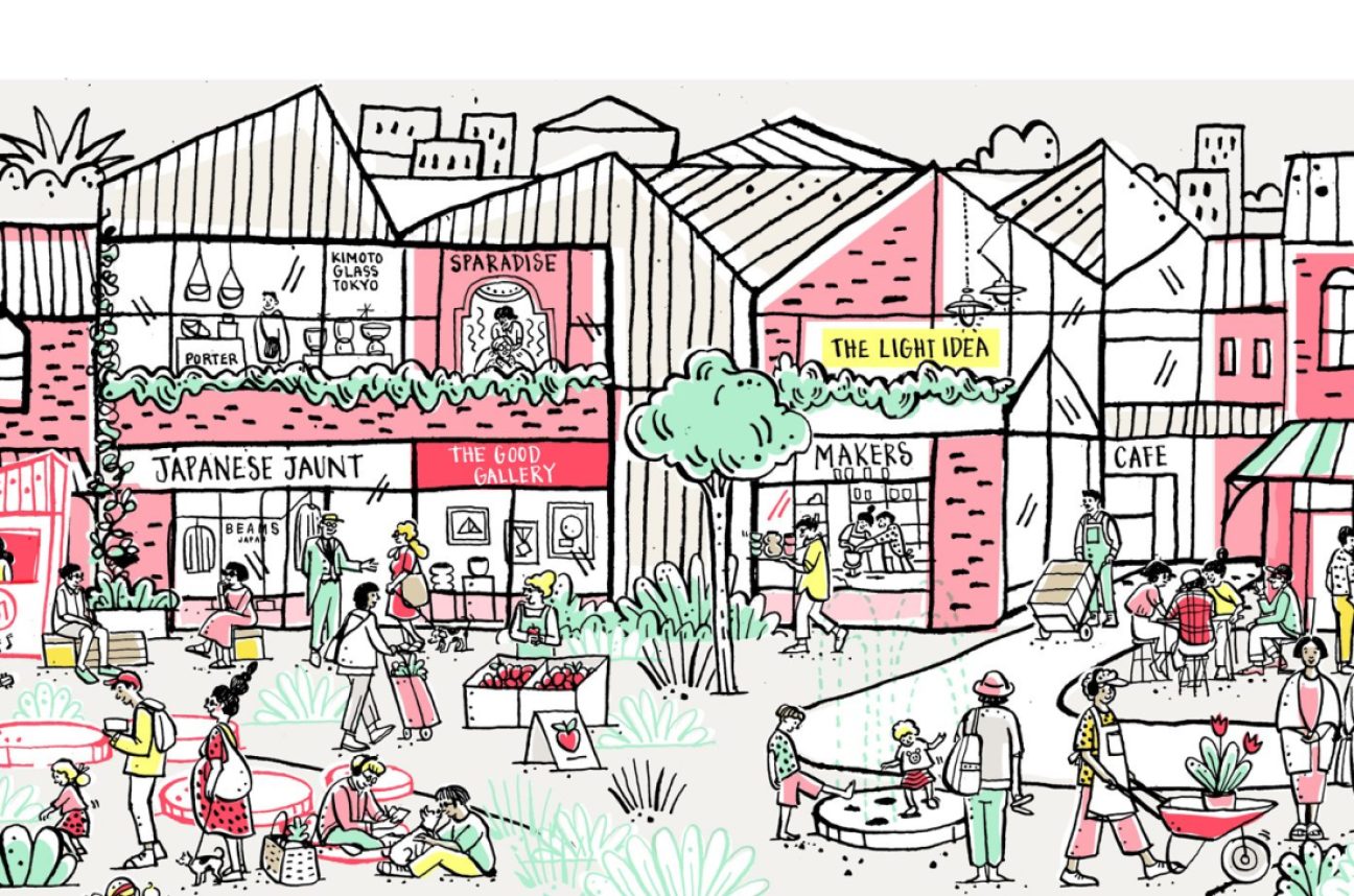 Illustrated retail village with colorful shops, cafes, and people walking through green spaces and plazas