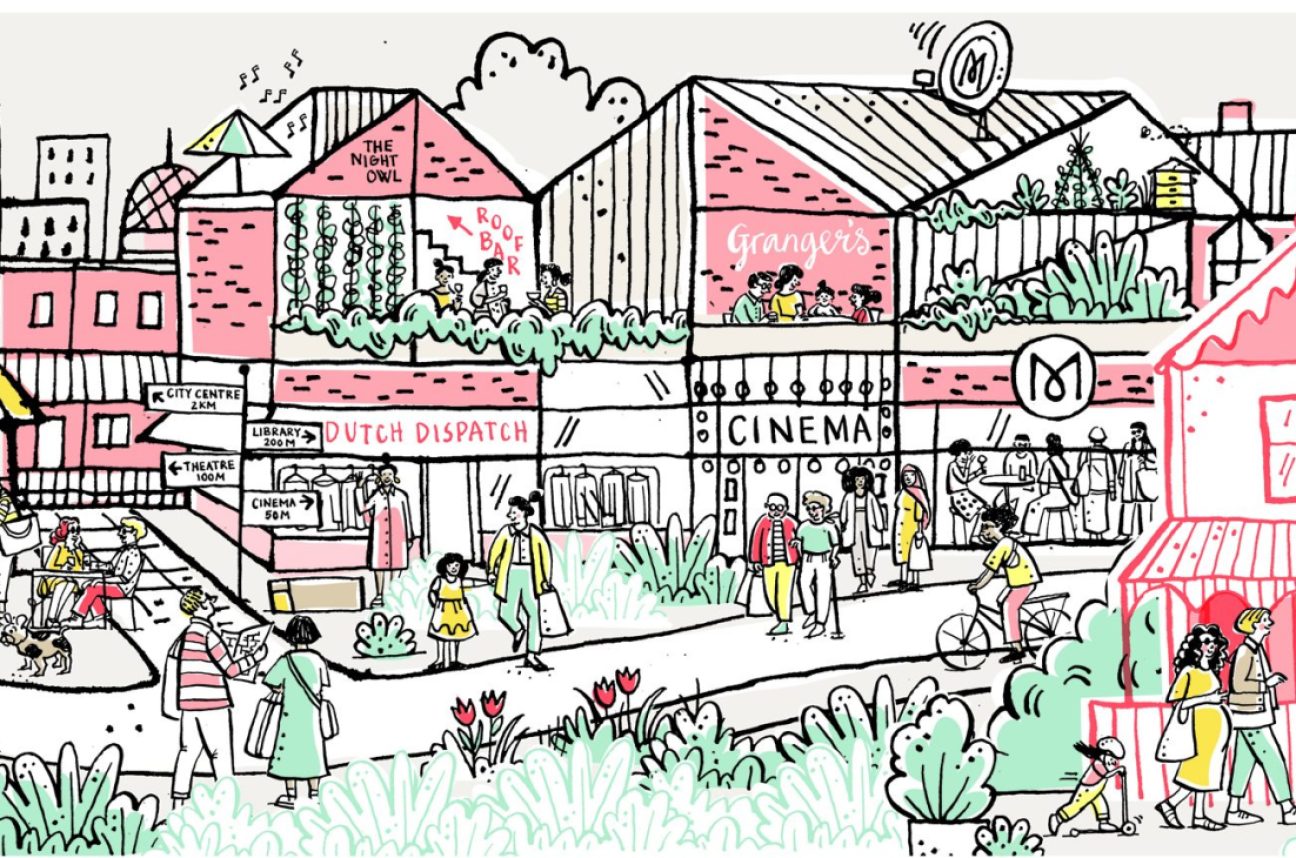 Illustrated retail village with pink buildings, shops, cinema, and people walking through outdoor spaces