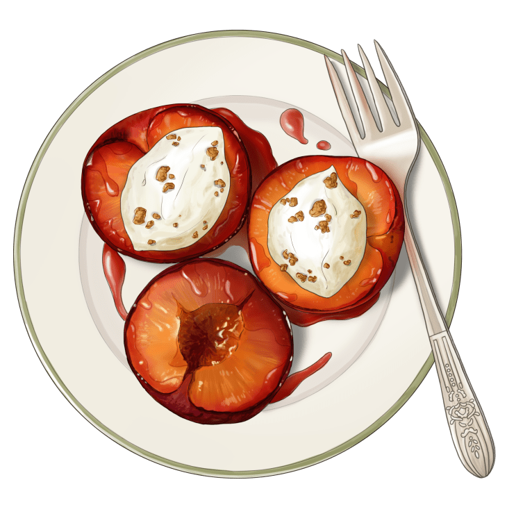Baked plums in aromatic spiced orange juice with mascarpone ginger crumble