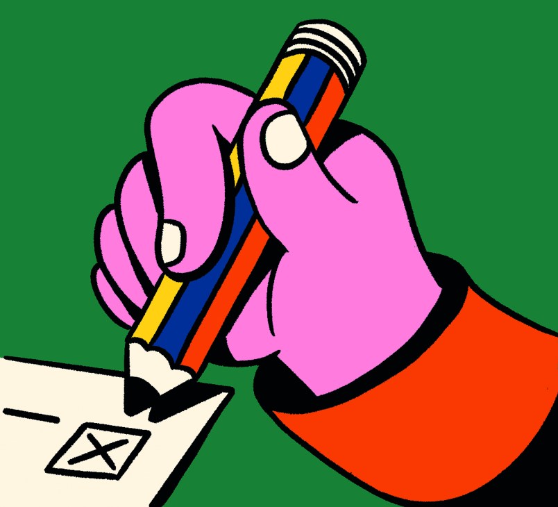 Bunte Illustration einer rosa Hand, die einen linierten Bleistift hält und ein X auf einem Stimmzettel oder Stimmzettel markiert