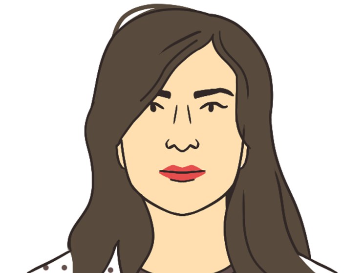 Portrait illustration of writer Nadia Terranova with brown hair wearing polka dot top
