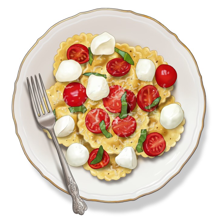 Homemade ricotta and marjoram ravioli served with tomato sauce garnished with fresh herbs