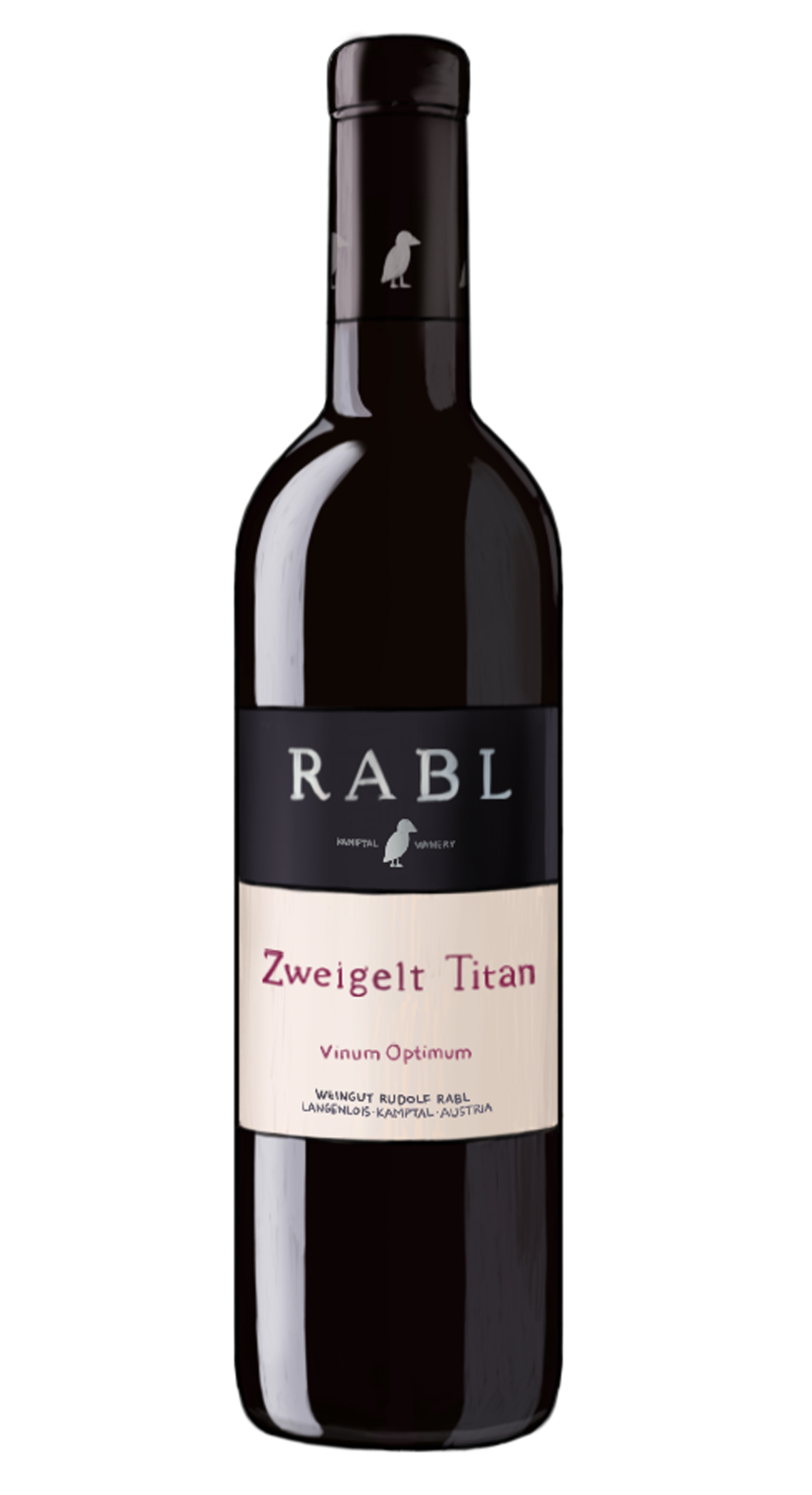Bottle of Rabl Zweigelt Titan red wine from Austria with black label and bird emblem.