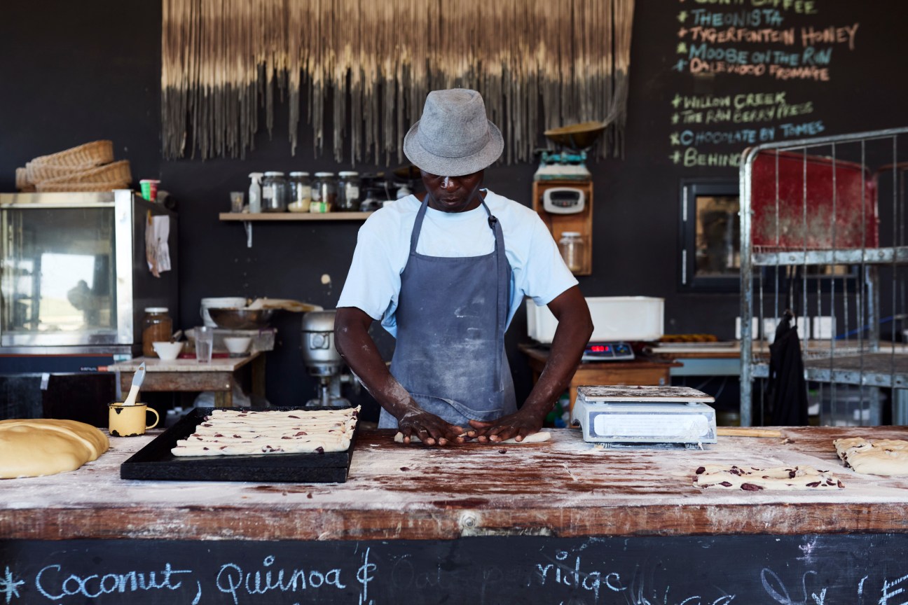 Kneading bread at Rosemead Artisan Bakery