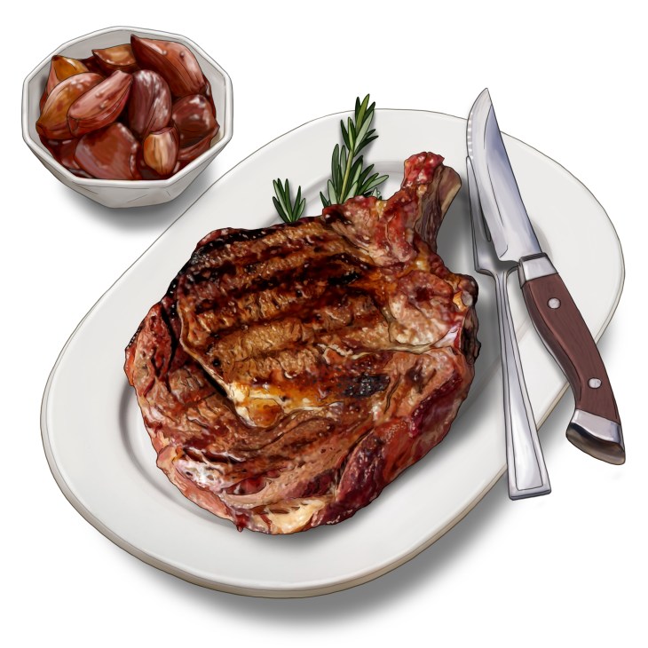 Grilled ribeye steak with dark caramelized shallot confit and rosemary garnish on white plate with knife and fork