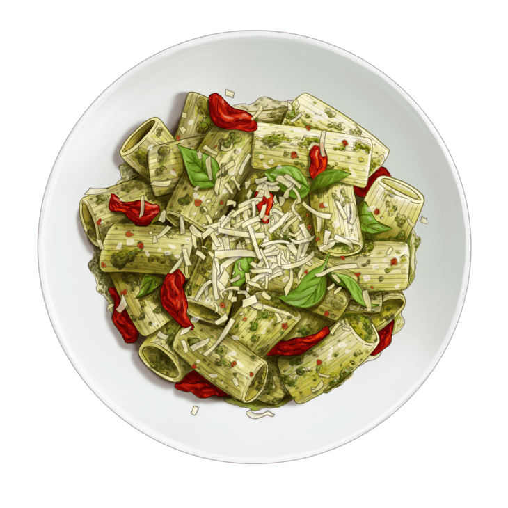 Bowl of rigatoni pasta with green pistachio pesto and sun-dried tomatoes