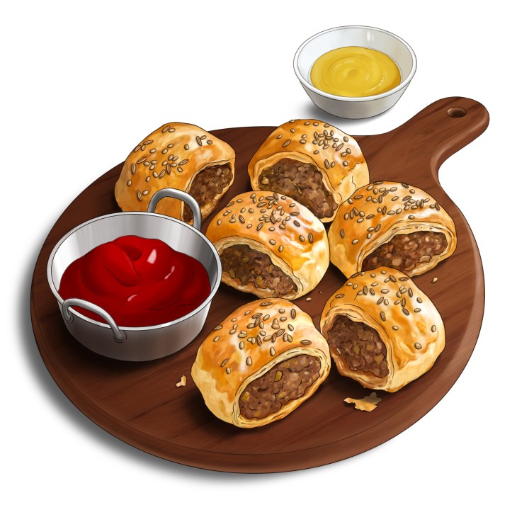 Sliced sausage rolls with golden pastry topped with sesame and fennel seeds, served with red sauce on wooden board