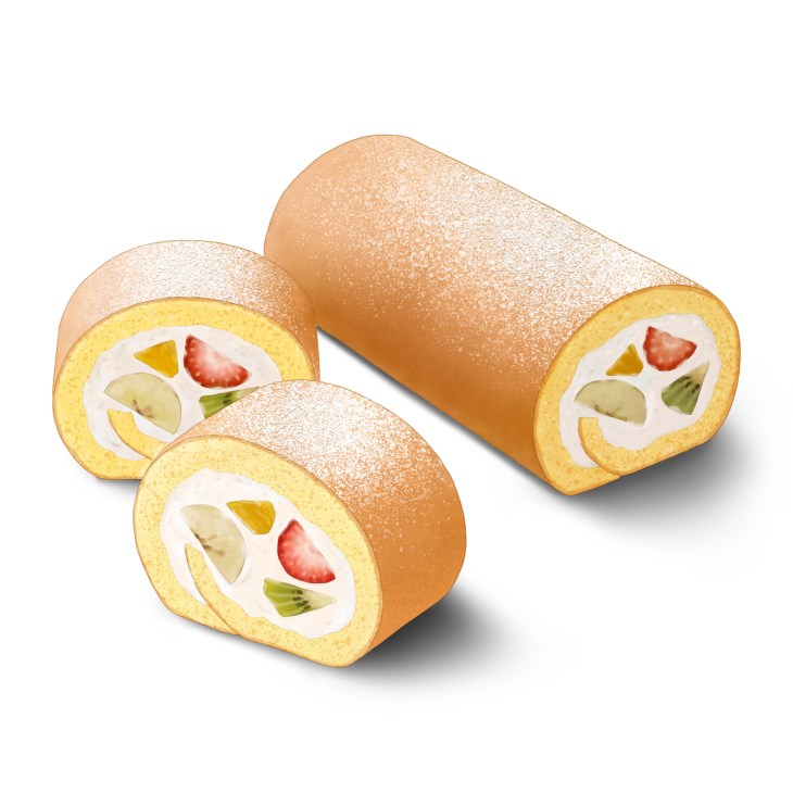 Japanese Swiss roll cake slices showing sponge filled with cream and colorful fruit pieces