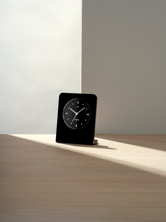 Punkt AC02 alarm clock in black anodised aluminium designed by Jasper Morrison