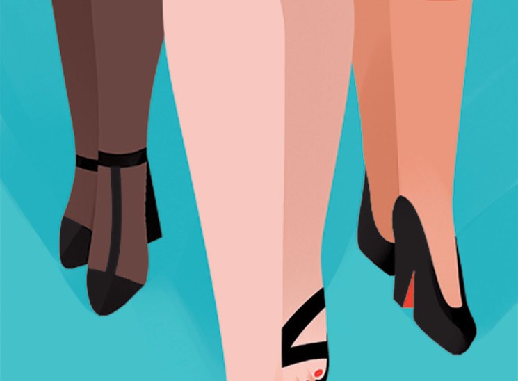 Illustration of three women's legs wearing different types of shoes against a turquoise background.