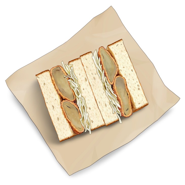 Aubergine katsu-sando sandwich cut in half showing golden-brown panko-crusted aubergine layers with cabbage on white bread
