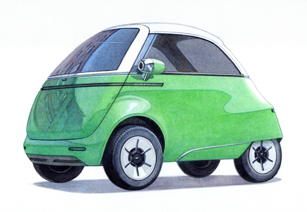 Illustration of green compact electric vehicle with rounded design and white roof