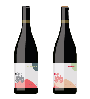 Two dark wine bottles with white and colorful geometric labels