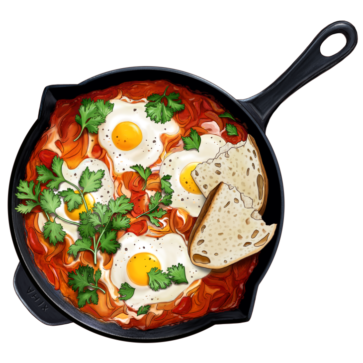 Cast iron pan with eggs poached in spiced tomato sauce, garnished with herbs