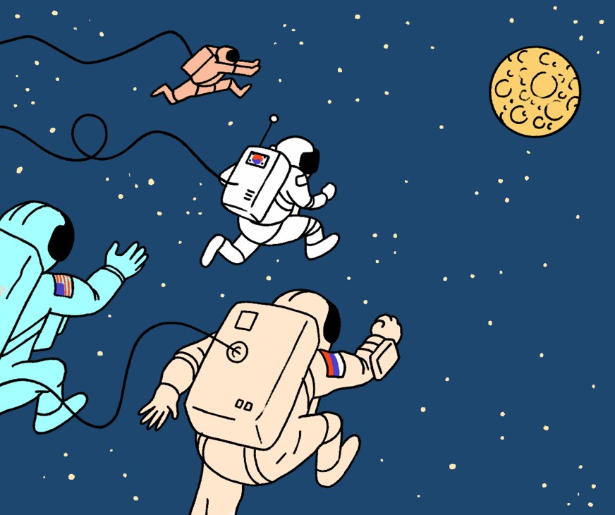 Illustration of astronauts floating in space with the moon and stars in the background.