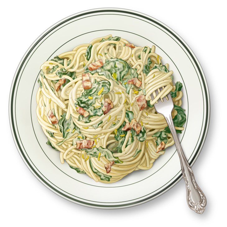 Spaghetti with ricotta, bacon, spinach and lemon zest served on a white plate with fork