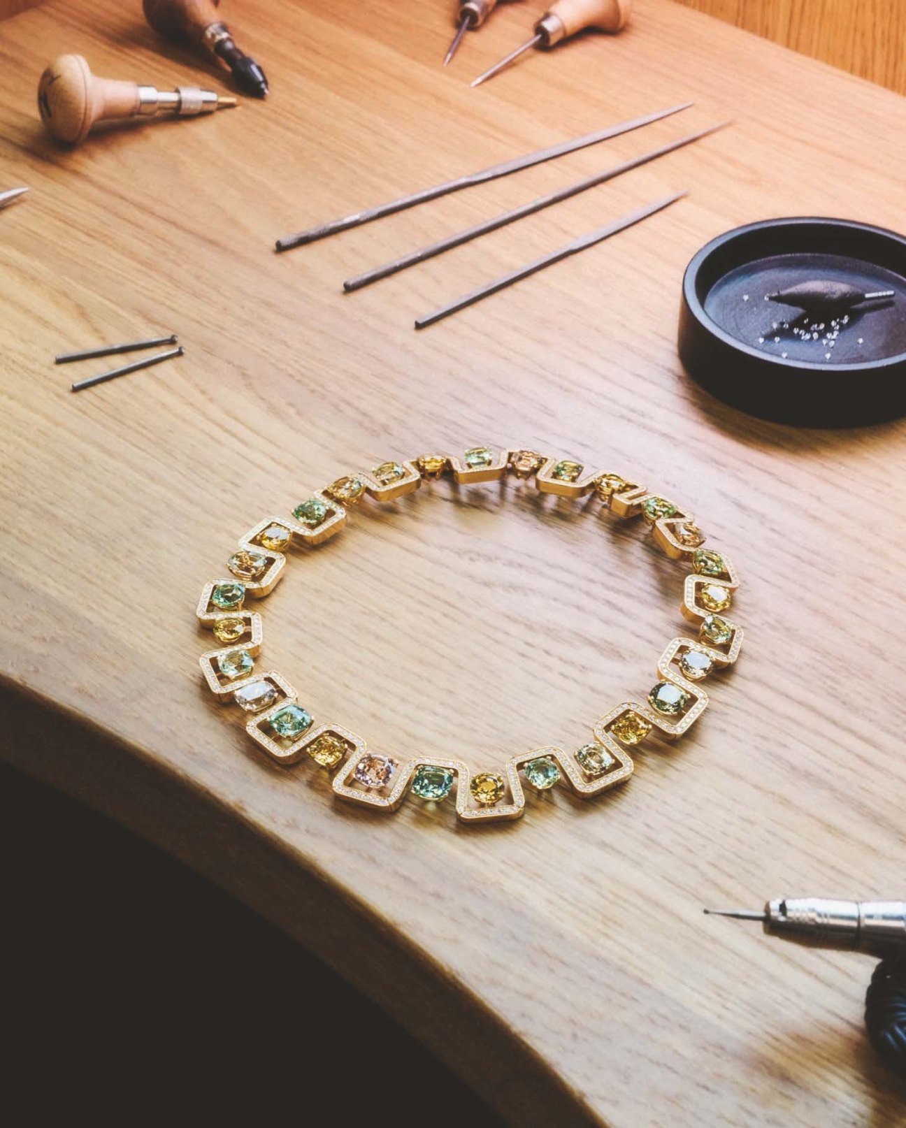 A Bucherer necklace being prepared in a workshop