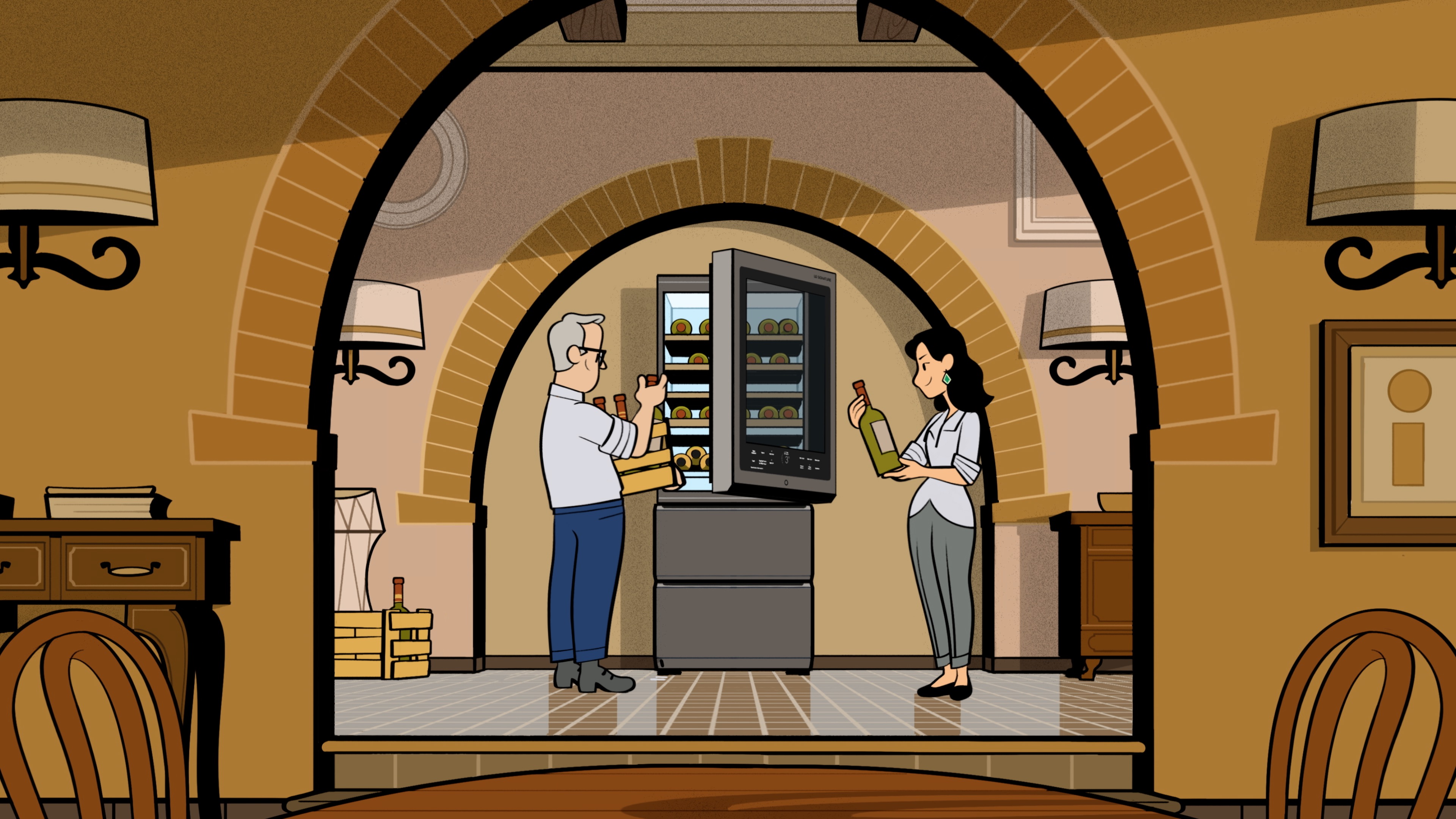 A couple filling a wine cellar in the kitchen