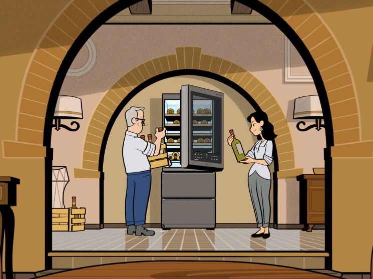 A couple filling a wine cellar in the kitchen