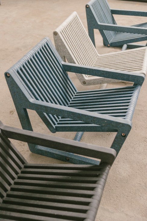 Finished Ombak chairs made from recycled plastic collected from Bali rivers