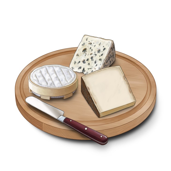 Selection of Swiss cheeses on wooden cutting board with knife