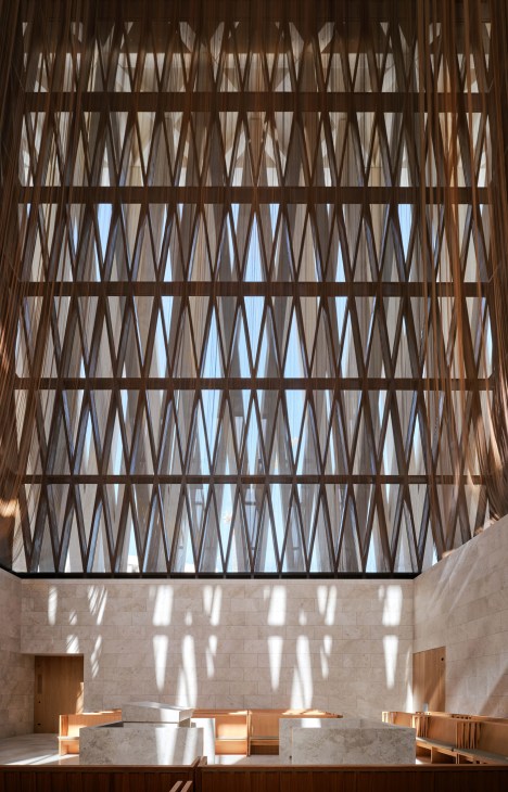 Architectural detail of synagogue showing V-shaped columns resembling sukkah structure