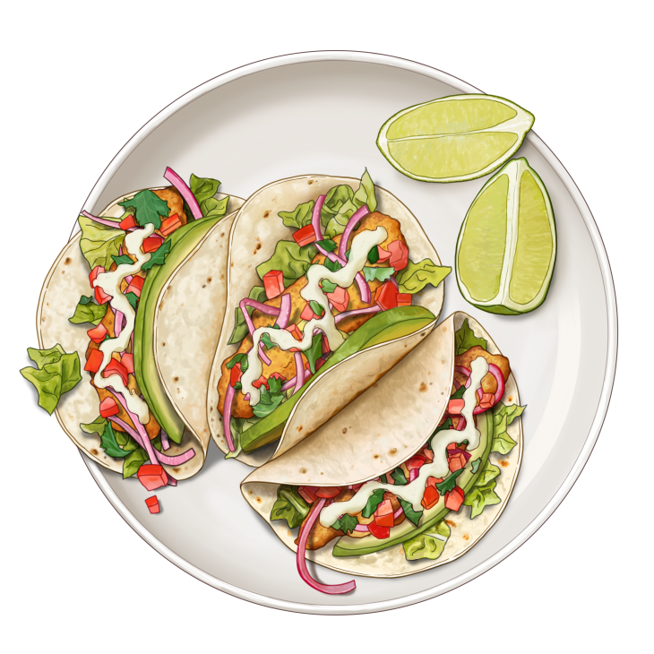 Illustration of fish tacos with crispy breaded fish, lettuce, red onion, tomato salsa, avocado and lime wedges on a white plate