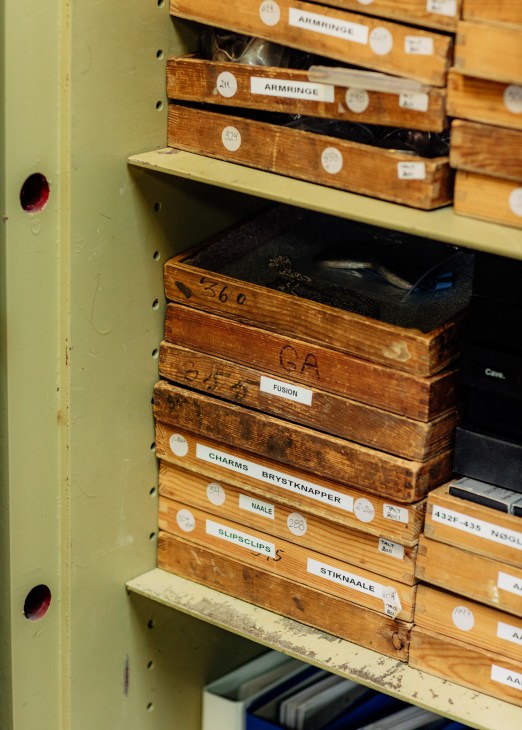 Filing system or organizational setup in the Georg Jensen archive showing cataloguing methods