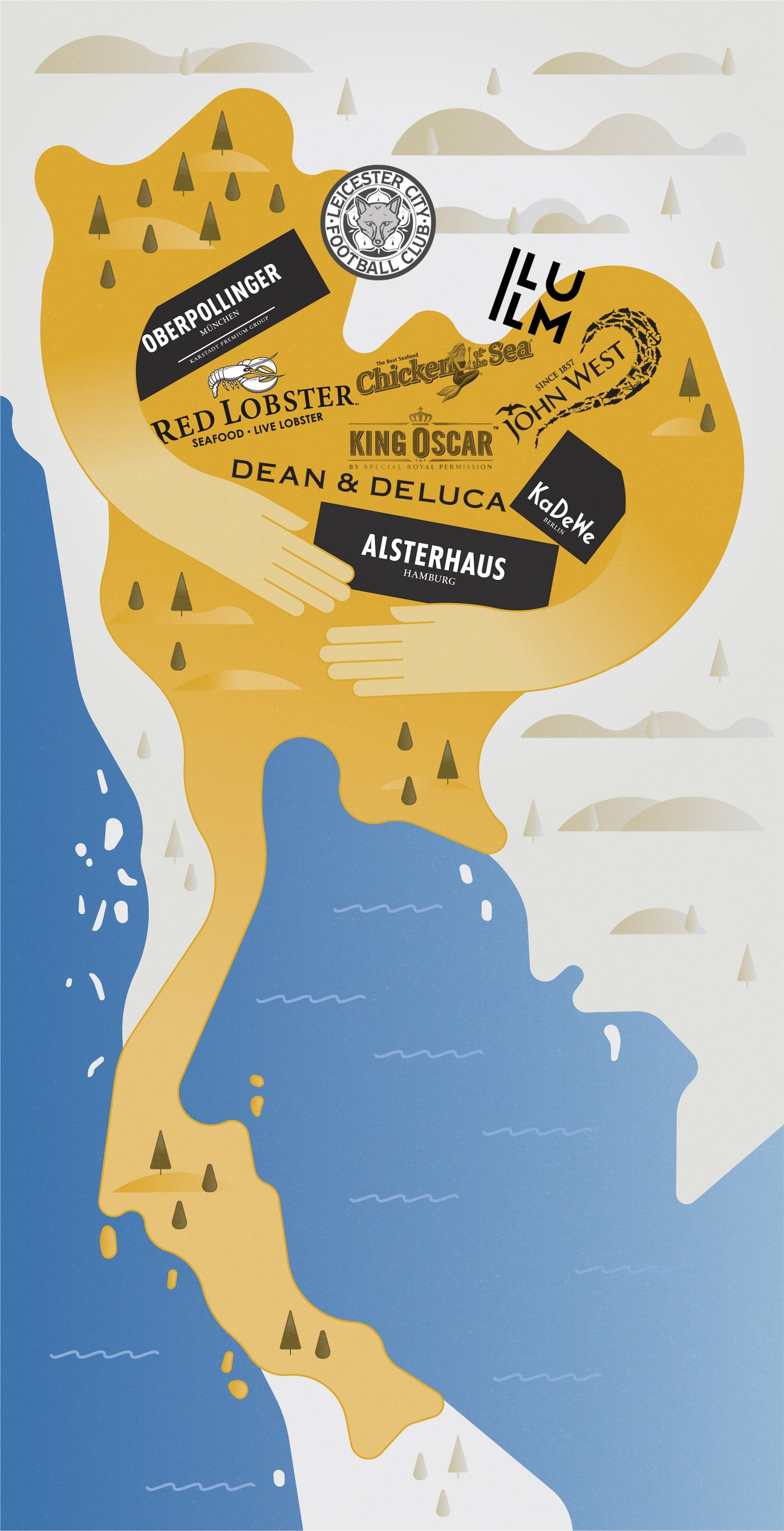 Illustrated map of Thailand holding various brand logos including Red Lobster, Dean & DeLuca, King Oscar, John West, Oberpollinger, Alsterhaus, KadeWe and Leicester City Football Club.
