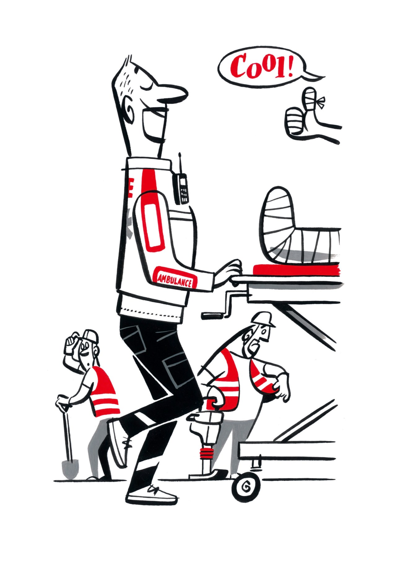 Illustration of an ambulance worker in new uniform with grey trousers, turquoise shirt, and red accents, surrounded by smaller figures and medical equipment.