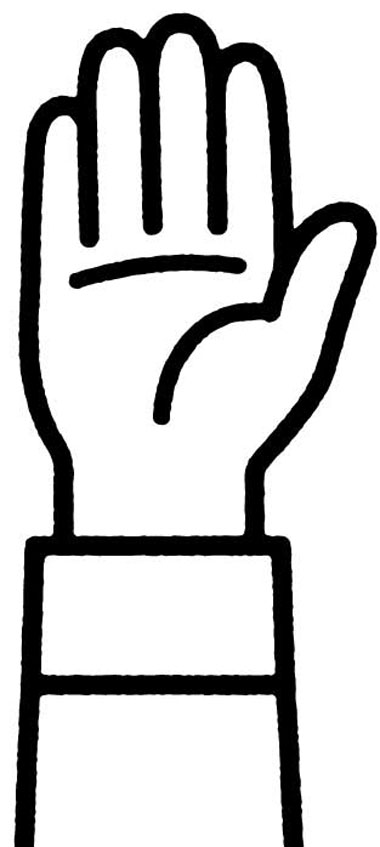 Black outline illustration of an open hand with palm facing forward in a stop gesture.