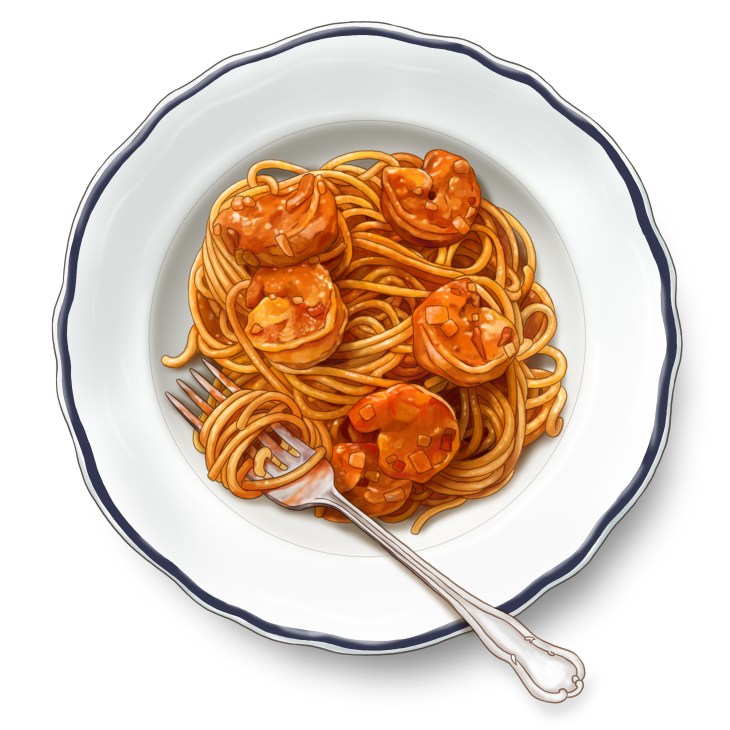Linguine pasta with tomato and harissa sauce topped with prawns and parmesan cheese