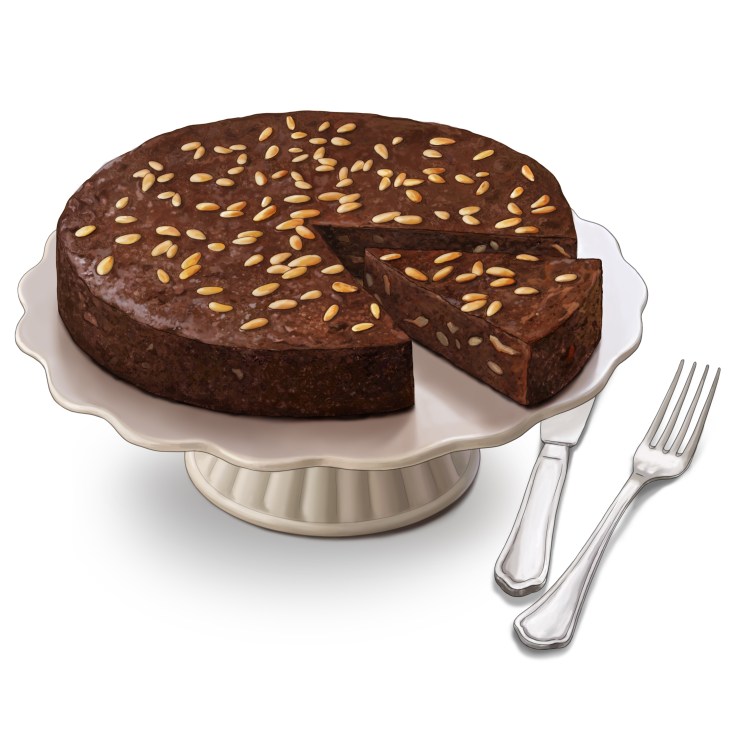 A dark chocolate cake with pine nuts on top, one slice cut and removed, displayed on a white pedestal plate