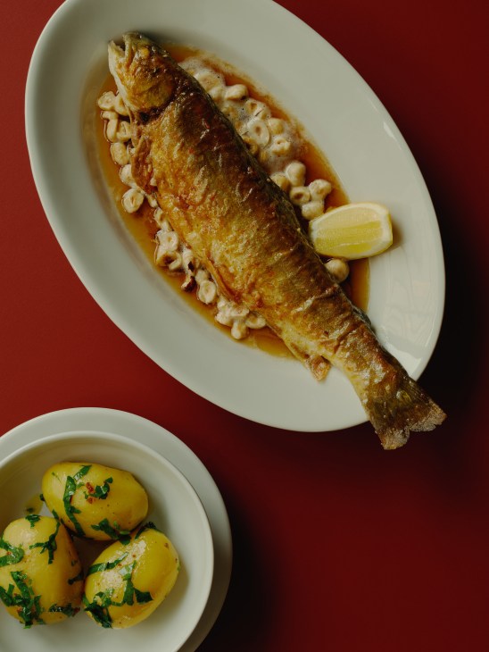 Whole trout Müllerin served on white oval plate with brown prawns and lemon wedge