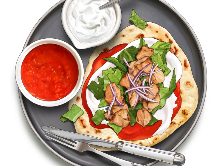 Turkish-style grilled chicken pieces with spiced tomato sauce and yogurt served on flatbread with greens