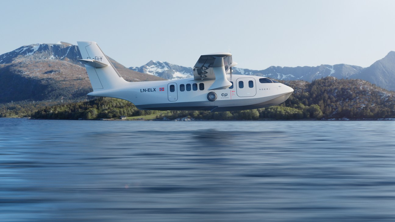 Elfly Noemi electric seaplane concept design showing sleek aircraft on water