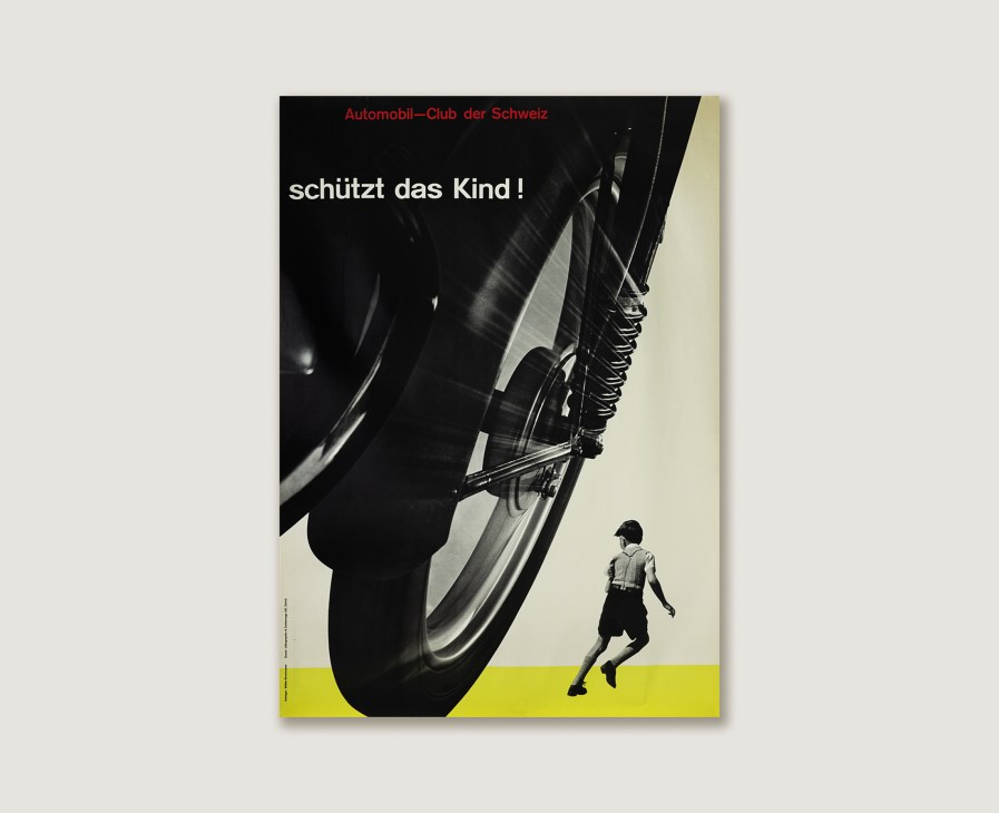 Vintage Swiss car safety poster featuring a large tire and a small child in a yellow-banded design.