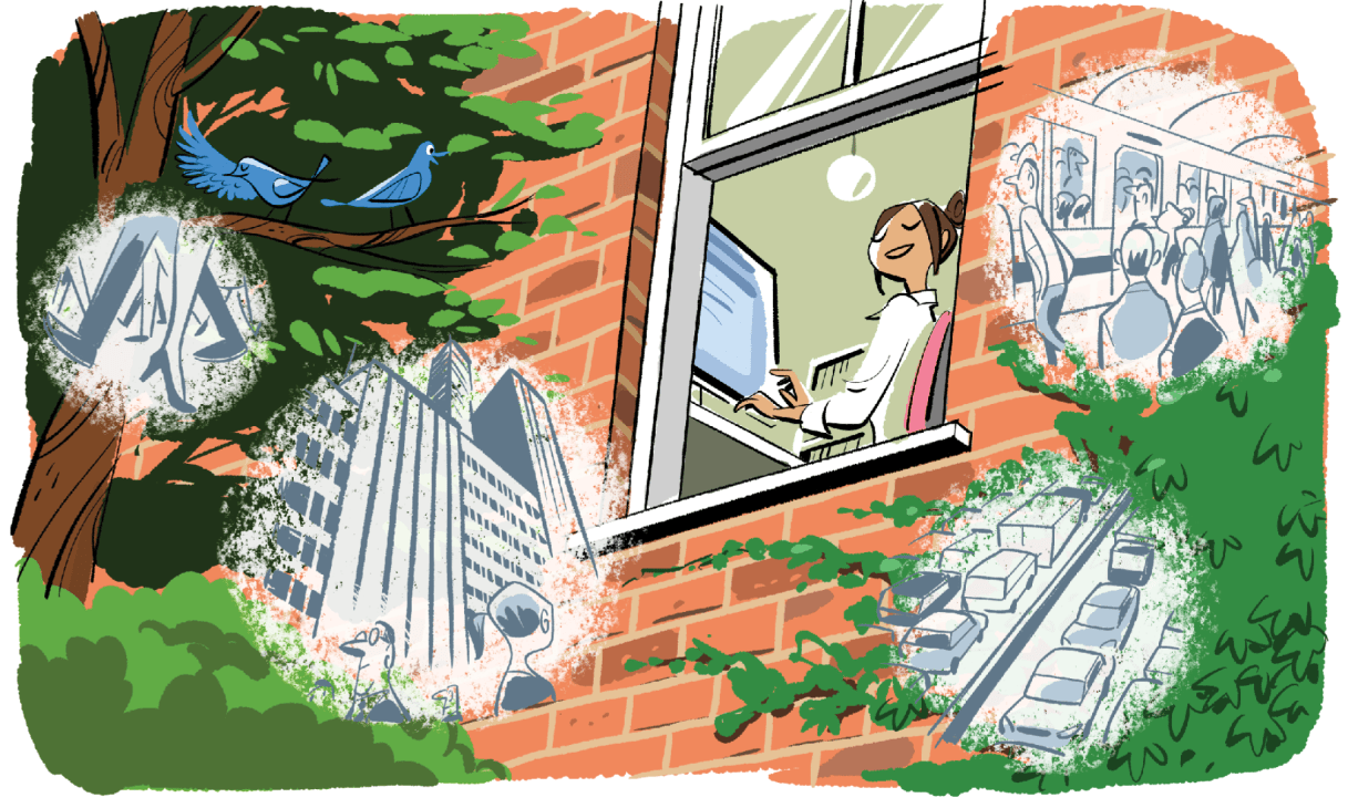Illustration of a woman working at a laptop in a brick building window, with city views and nature visible through surrounding windows.