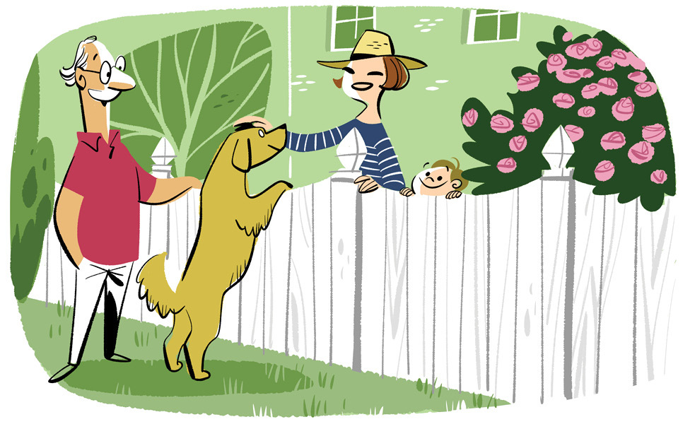 Illustration of neighbours chatting over a white picket fence in a garden with pink roses and flowering plants.