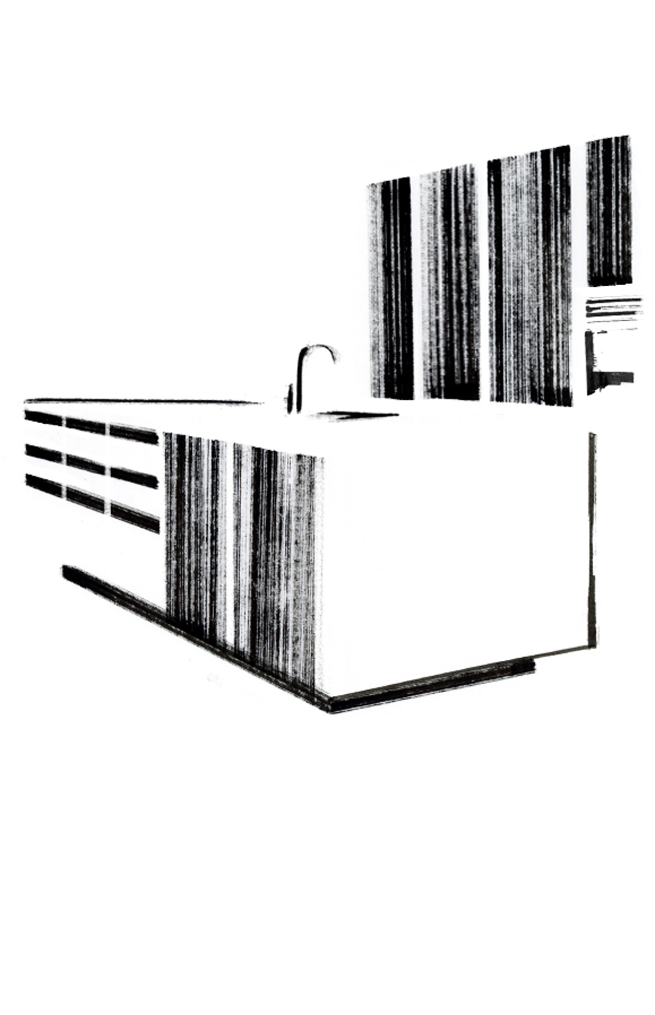 Black and white architectural drawing of a modern kitchen island with vertical wood paneling and minimalist design