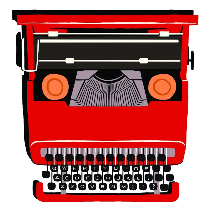 Red Olivetti Valentine typewriter with black keys and visible typeface mechanism