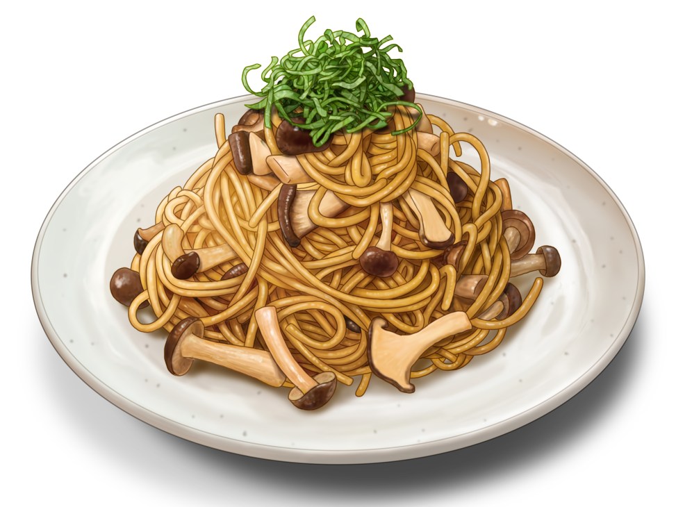 Japanese-style wafu pasta with Asian mushrooms and green herbs on white plate