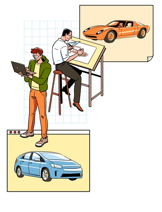 Two automotive designers working - one sketching a sports car at a drafting table, another with laptop viewing a hybrid car