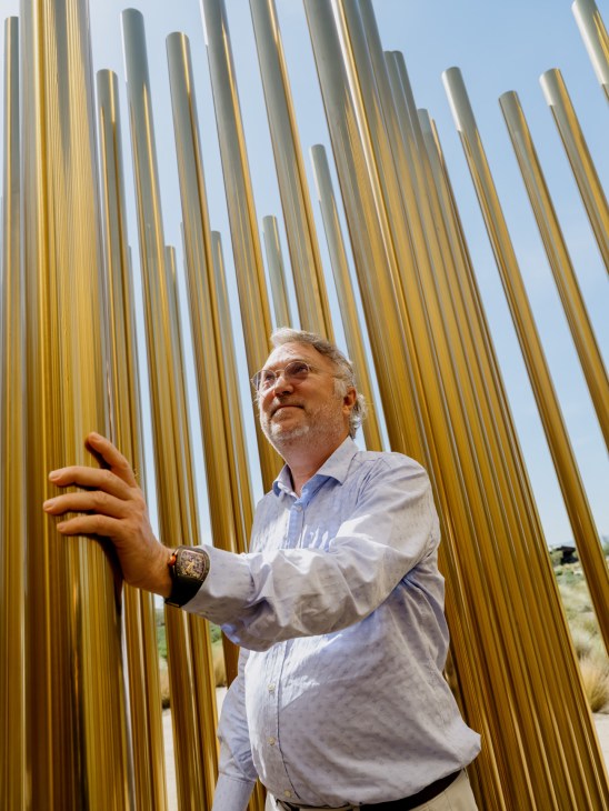 Contemporary sculpture installation at Donum Estate with vineyard landscape in background